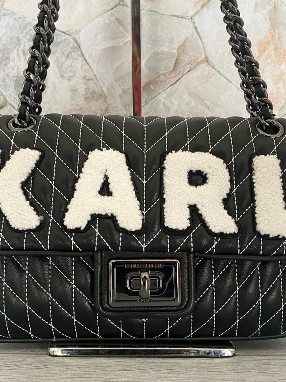 Karl Lagerfeld Agyness Black Quilted Shoulder Bag with White 'KARL' Applique - Picture 2 of 7